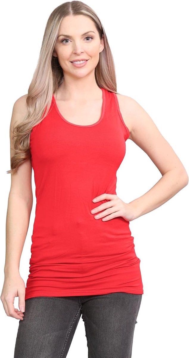 Dames Mouwloze Spier Racer Terug Plain Bodycon Vest Gym Lange T-shirt Top, Rood, 38-40