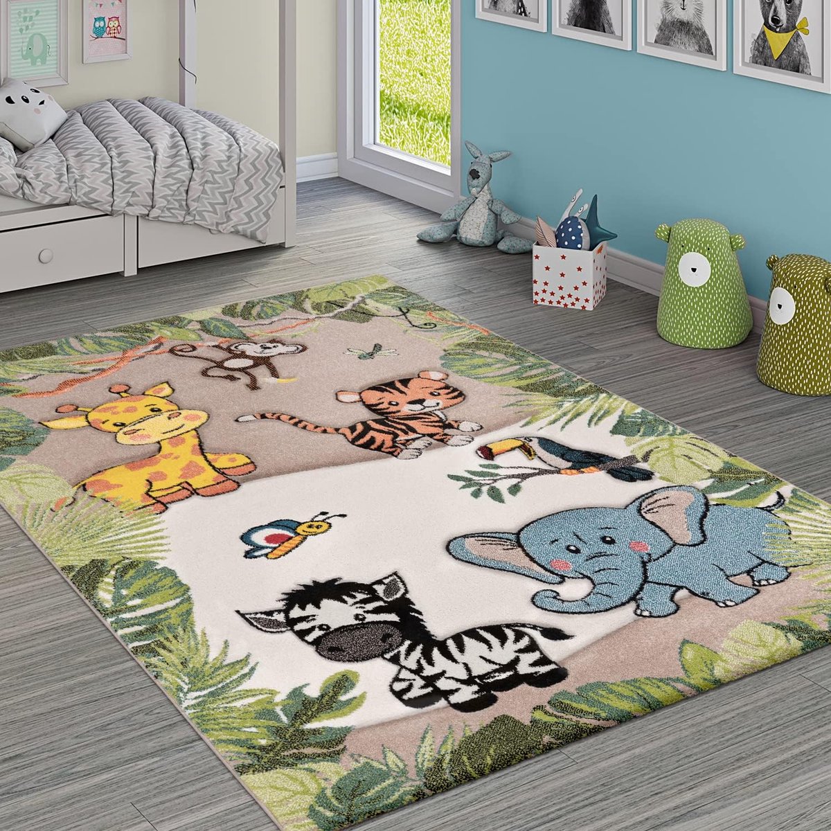 Home Vloerkleed Kinderkamer Jungledieren Giraf Leeuw Aap Zebra Beige/Crème, Maat:140x200 cm