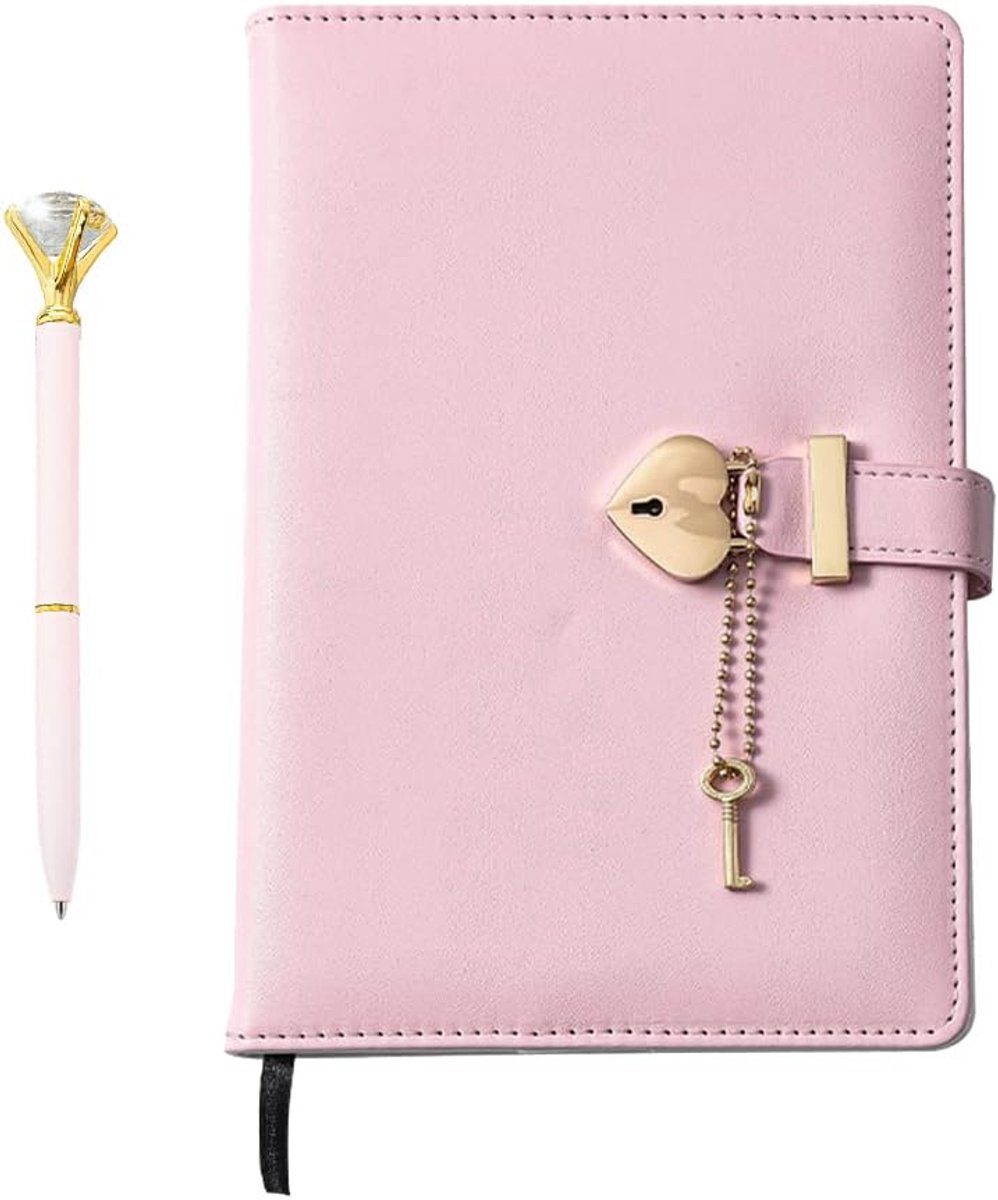 dagboek voor tienermeisjes, hartvormig sleutelslot, organizer, dagboek met diamantstift, waterdichte PU-lederen omslag, notitieboekje voor tienermeisjes, 11 jaar