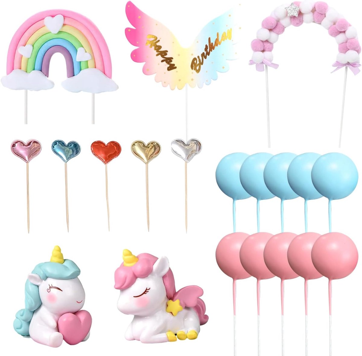 22 stuks regenboog paarden taartinzetstukken, regenboogsterrenwolkbal taarttoppen, verjaardagsvleugels inzetstukken, roze en blauwe taartdecoratieset, taartfiguren voor kinderverjaardagen