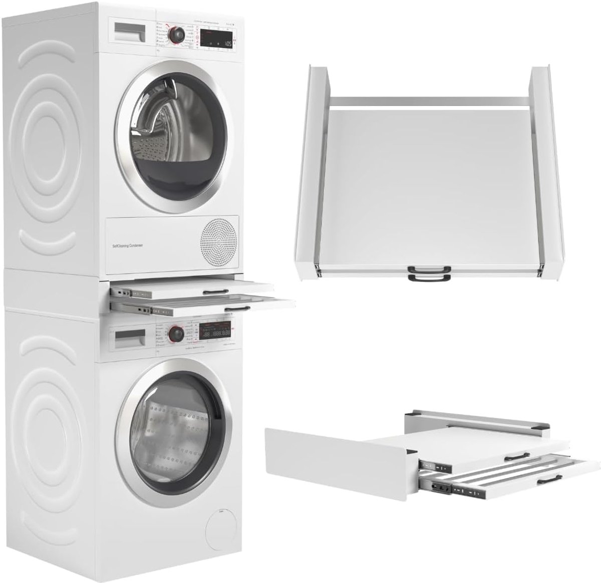 Wasmachine Droger met plateau en droogrek – Stapelkit voor Wasmachine en Droger – Universeel Tussenkader, Geschikt voor elk merk – Kleur: Wit, Duurzaam en Ruimtebesparend
