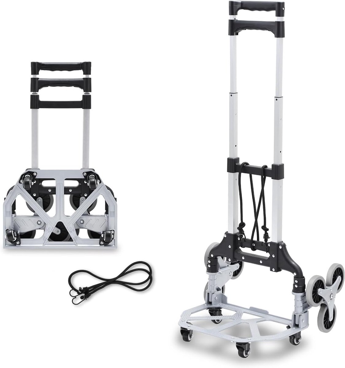 Steekwagen, inklapbaar, voor trappen, trappen, steekwagen met anti-slip laadvlak, in hoogte verstelbare handgreep, 4 draaibare wielen, lichte aluminium transportwagen
