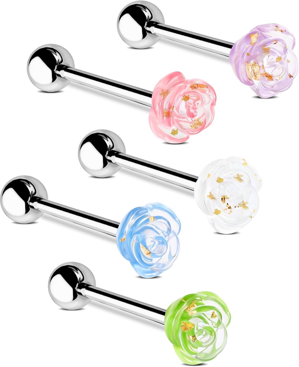 5-delige tong barbell 14G bloemen tongringen chirurgisch staal tongpiercing acryl tong langhantel piercing sieraden