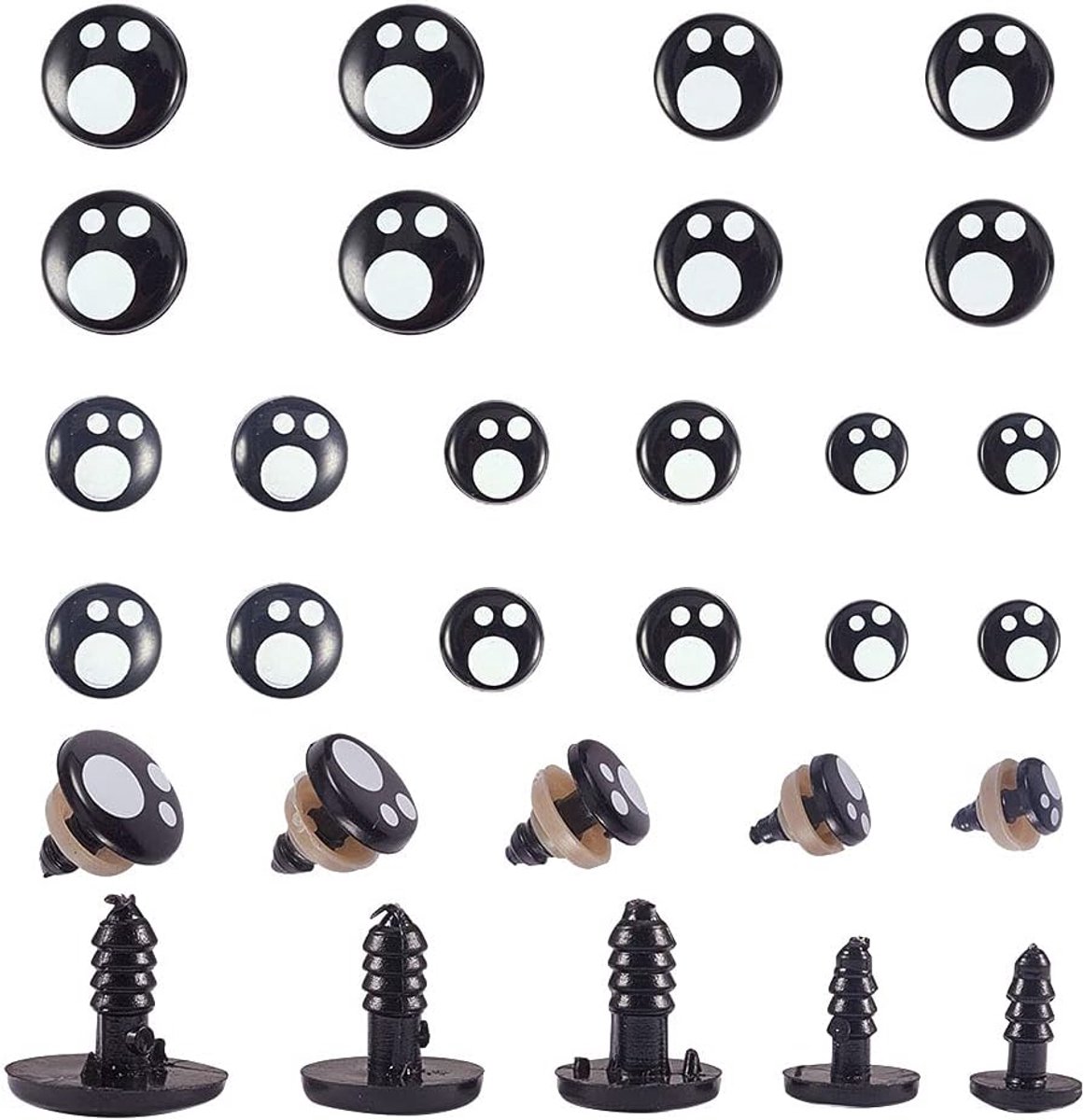 100 stuks 5 maten hars-veiligheidsogen, handwerk, ogen, zwarte stoffen ogen met 100 stuks sluitringen voor pluche dier maken (8 mm, 10 mm, 12 mm, 14 mm, 16 mm)