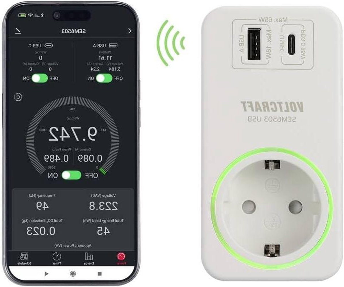 Energiekostenmeter - Stroommeter Verbruiksmonitor - Energieverbruik Meten - Met USB-A en USB-C - 11.1 cm - Wit