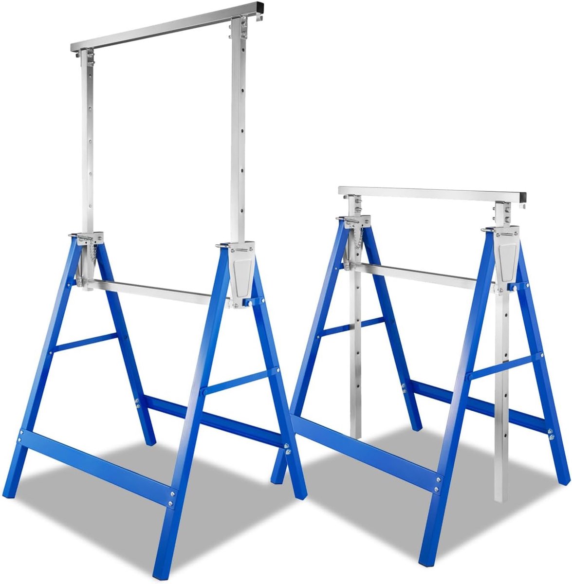 Set van 2 werkbokken, in hoogte verstelbaar 80-130 cm, werkbokken van Q195 stalen buis, steunbok 200 kg, 7-traps klapbok, steigerbok voor werkplaats, garagerenovatie, blauw
