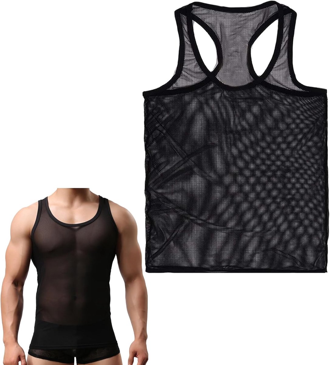 Tanktop voor heren, mesh mouwloos vest, nachtkleding voor mannen, ademende strakke sneldrogende onderhemden voor workout hardlopen sport, sexy mesh shirts tops voor feest, rave, disco,