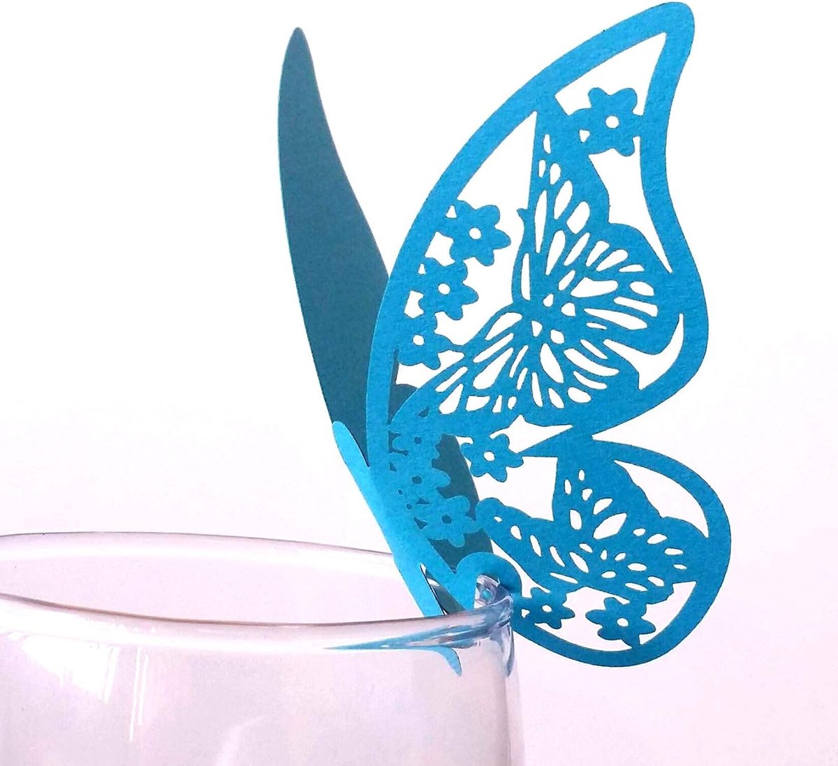 25 stuks vlindertrechterlier, tafelkaarten, naamkaarten, glazen hangers, muurstickers voor tafeldecoratie, bruiloft, feest, huisdecoratie, vlinder, tafelkaarten, laserplaatskaarten, naamkaarten, blauw
