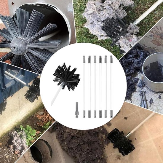 Staafset, kachelpijpborstel, haardpijp reinigingsborstel, haardborstel met 6 flexibele stangen, 410 mm, 1 borstelkop, inzetstuk met elektrische boren, voor schoorstenen, buizen — afbeelding 3