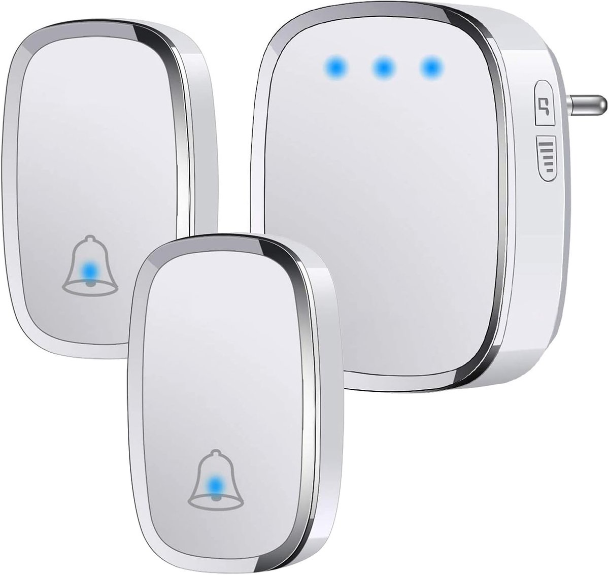 Draadloze Deurbel voor Buiten Waterdicht IP44, Wireless Doorbell met Bereik tot 300M, LED-indicator, 2 Zenders Knoppen en 1 Ontvanger, 5 Volume Instelbaar, 36 Beltonen (Wit)