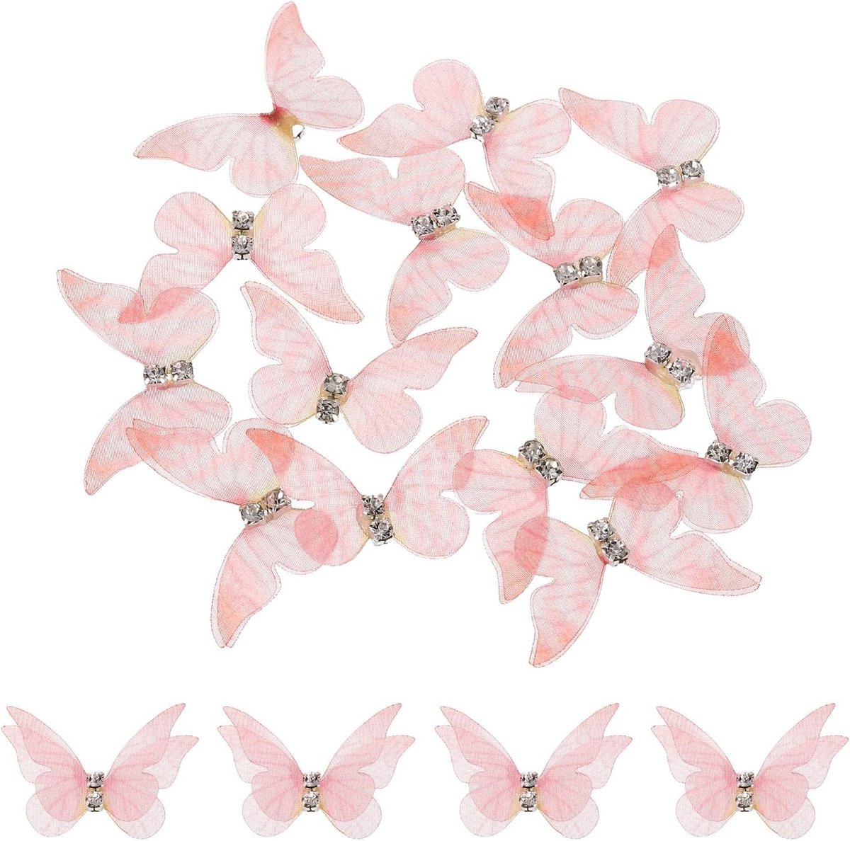 20 stuks vlinderapplicaties van transparant mesh, 30 mm, twee lagen, vlinders, met applique, edelsteen, voor doe-het-zelf, 3D-ornament, voor decoratie van bruiloft, feest, huis, kleding