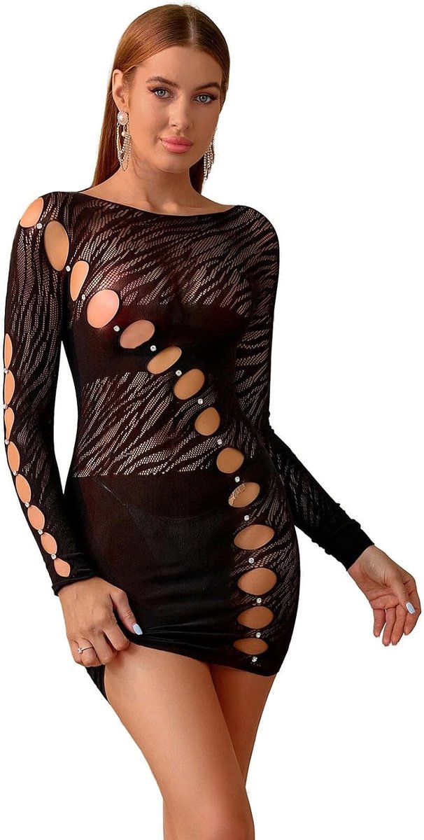 Sexy damesjurk, bodycon, lange mouwen, visnet met uitgesneden voorkant, nauwe kant, eendelige babydoll, mini-jurk, club