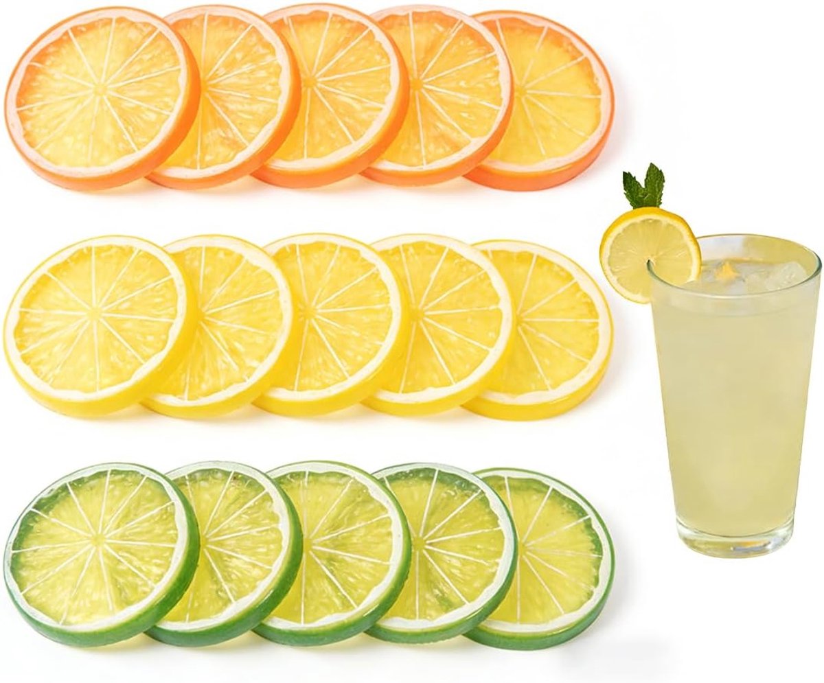 Kunstmatige Citroenschijven, 15 Stuks, Accessoires Imitatie Fruit Decoratie, Plastic Plak, Citroen Kunstmatige Fruit, Realistisch, voor Huis, Keuken, Tafel, Feest, 5,2 cm
