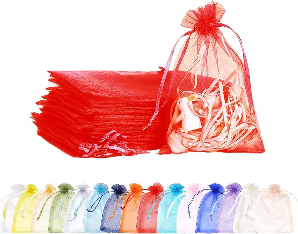 100 stuks rode organzazakjes, 7 x 9 cm, kleine geschenkzakjes, organzazakjes met trekkoord, geschikt als bruiloft, snoepzakje, sieradenzakje, kerstcadeau, verjaardagsfeest