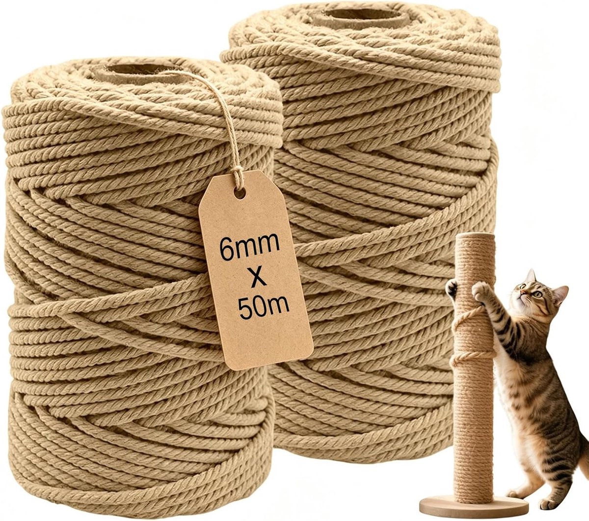 2 stuks sisal krabpaal, 6 mm × 50 m, krabpaal voor katten, doe-het-zelf kattenwand, kleine kattenkrabpaal, reservetouw, huishouden, tuin, handwerk