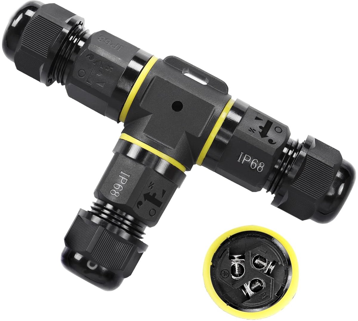 IP68 Waterdichte aansluitdoos voor buiten, elektrische kabelconnector, 3-voudige 3-pins elektrische connectoren voor Ø5-10 mm draadbereik (AC 450 V, 24 A) Externe kabeldozen (T-vorm-3-pin)