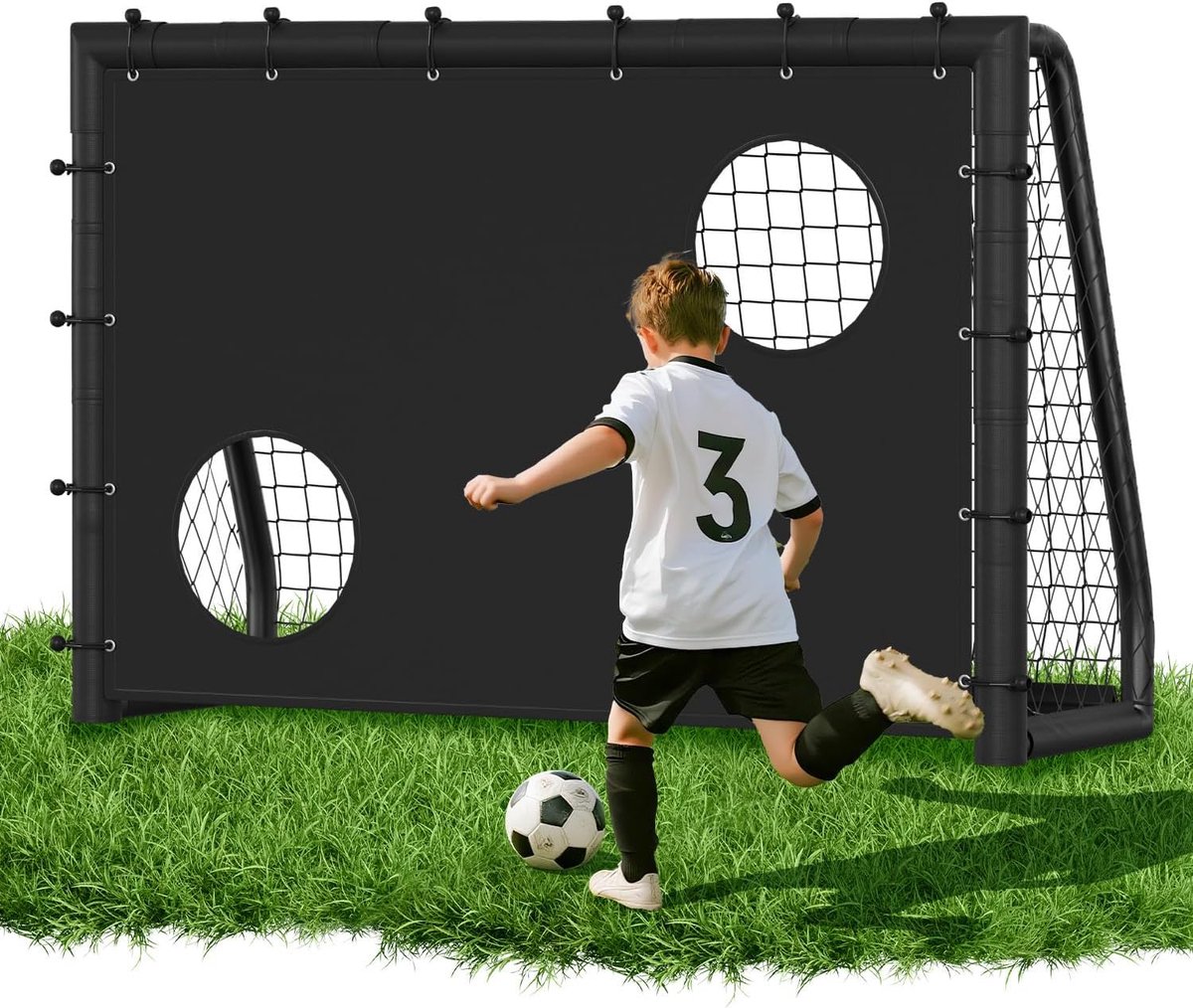 Voetbaldoel 180 x 120 cm, voetbaldoel met stalen frame met bekleding, grondhaak voor strand, park, trainingsspel, speelplaats, achtertuin, tuin