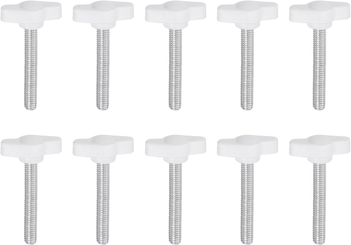 T-vleugelgrepen, 10 stuks, schroeven, gekartelde kop, M6 x 40 mm, buitendraad, standaard handgrepen, T/Z, kunststof, verstelbare handgrepen, klemgrepen, gekartelde kop, wit