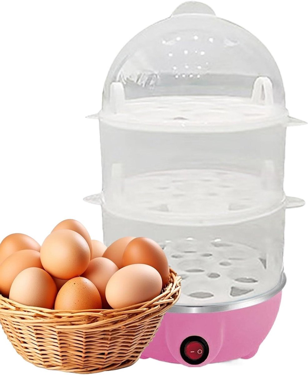 Elektrische Eierkoker - Stoomkoker - Ontbijt Maken - Drie Lagen - 16x16x28cm - Roze