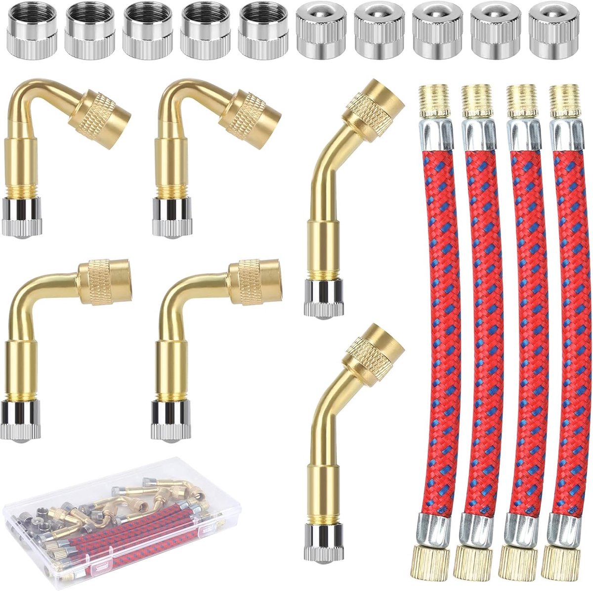 20 stuks ventielverlenging, autoventielset, 45 graden, 90 graden, 135 graden, bandenventiel met 4 stuks 130 mm rubberen ventielverlenging, 10 metalen doppen en plastic boxen, autoventieladapter voor