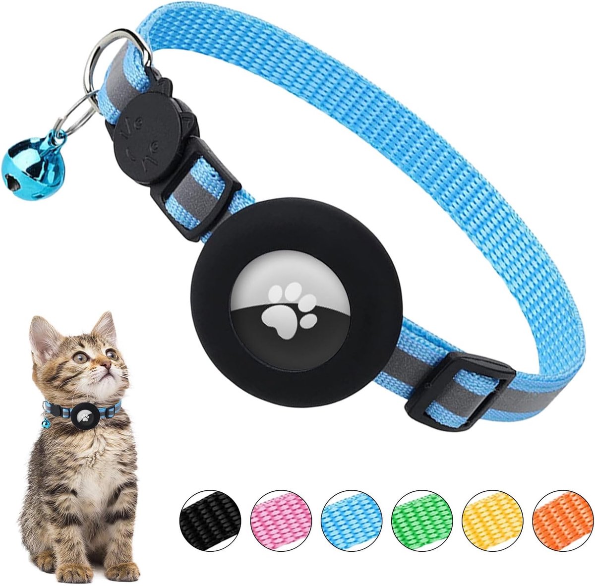 Kattenhalsband, reflecterende kattenhalsband met waterdichte Airtag-houder, verstelbare kattenhalsband met bel en veiligheidsgesp, gepersonaliseerde kattenhalsband voor kat, hond, kitten