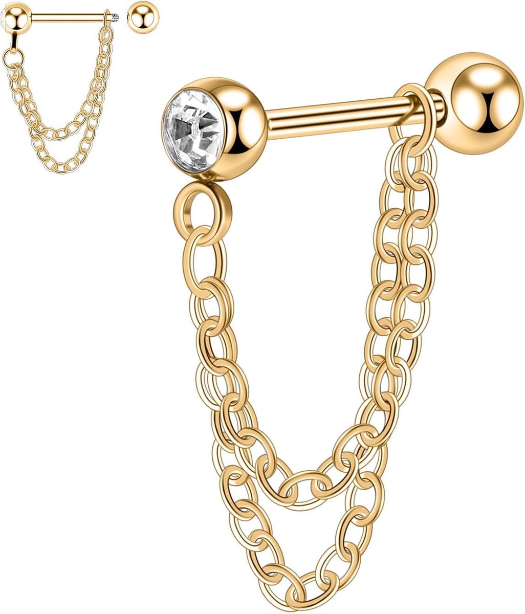 16G kraakbeen oorbel stud kraakbeen helix tragus piercing sieraden double chic-conch helix tragus oorbel stud 316L chirurgisch staal helix cartialge barbell oorbel tassel threader ketting