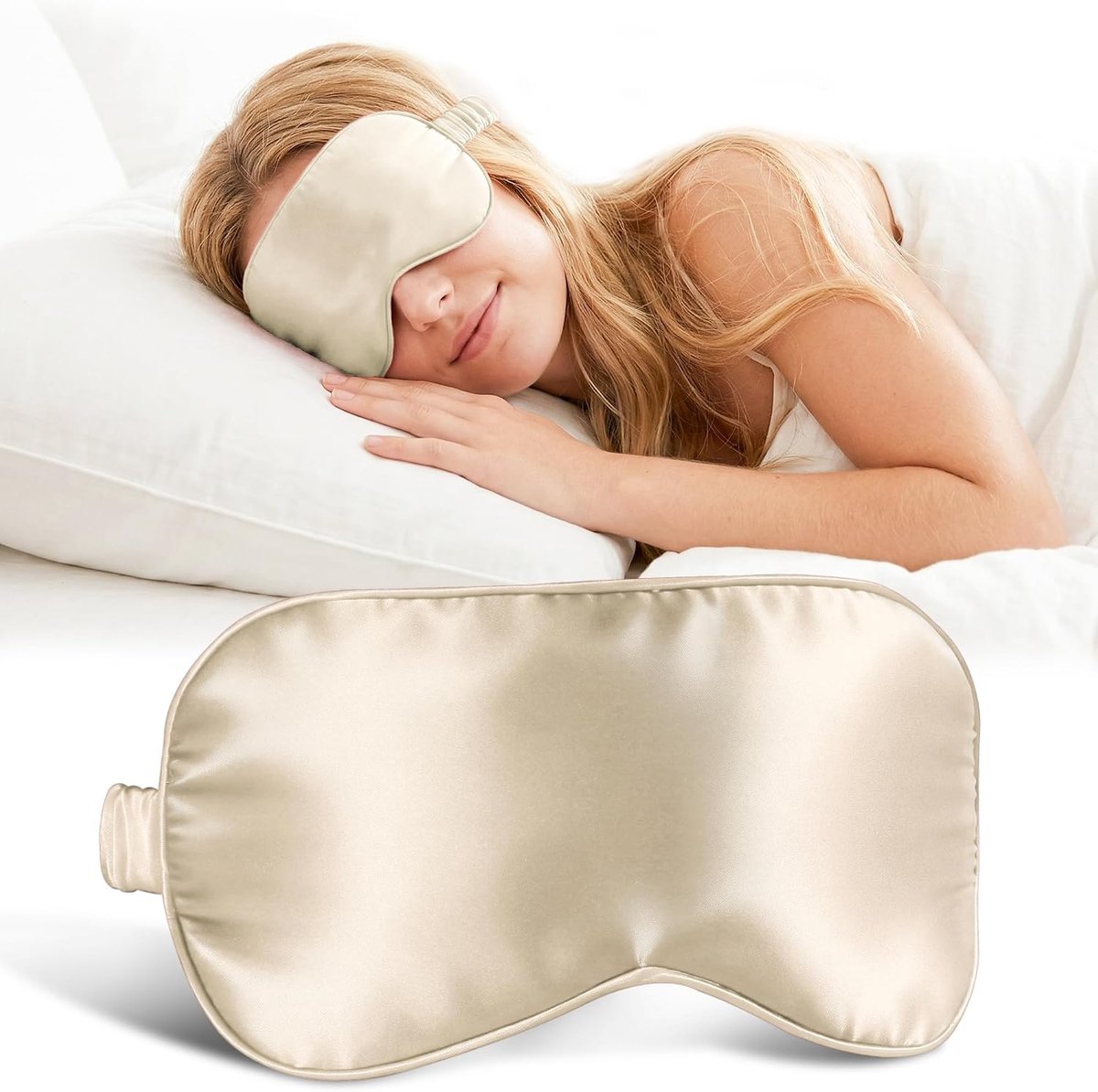 100% moerbeizijde slaapmasker, drukvrij oogbedekking, zachte lichtblokkerende blinddoek voor reisdutje (effen beige), één maat