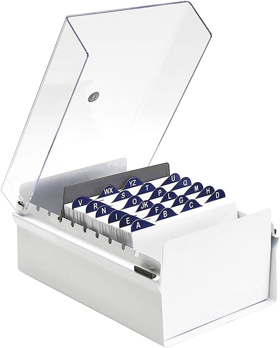 Card File Holder Index Vijlhouder 4 X 6 Organisator Metaal voet Zwaar Uitgevoerd (AZ Indexkaarten 155mm breedte x 115mm hoogte en Verdeler Inbegrepen) (Wit Kleur met Transparant Kunststof Deksel)