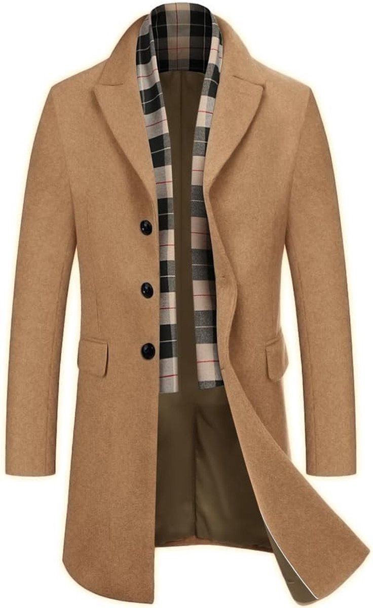Jas Heren Lange Winterjas Winterjas Trenchcoat Windjack Reverse Jas Herenjas met Afneembare Geruite Sjaals Mannen Warme Wollen Jas Donkere Koffie S, Donkere koffie., S