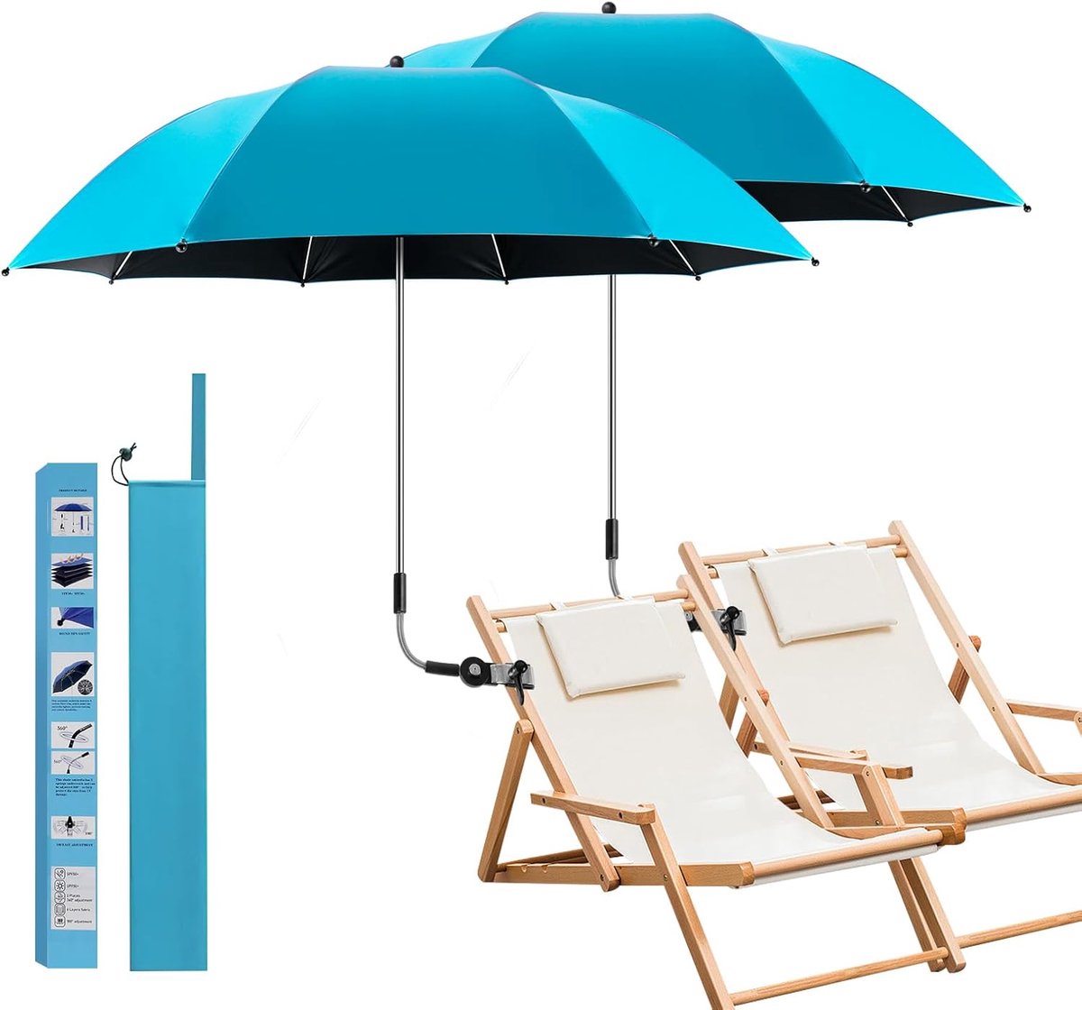 Panthem 2 stuks parasols met universele klem, UPF 50+ 360° verstelbare schaduwparaplu, draagbare parasol voor campingstoel, rolstoel, terrasstoelen, golfkarren, balkon