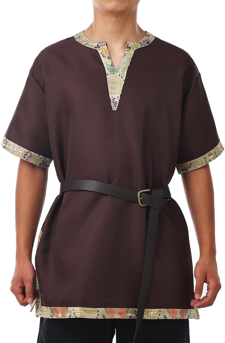 Middeleeuwse tuniek ridder kostuum Viking krijger overhemd met riem, Marron, M