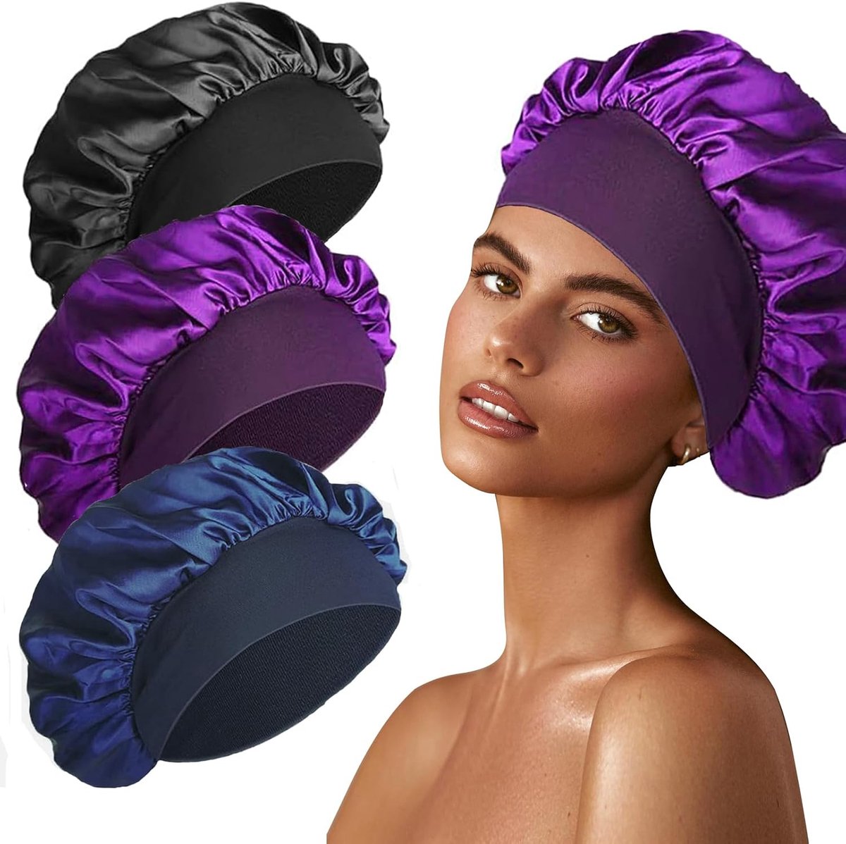 3 stuks zijden slaapmuts, zijden haarmuts, bonnet, haarbescherming, haarbescherming, haarkap voor het slapen, bonnet, zijden satijnen haarkap voor 's nachts