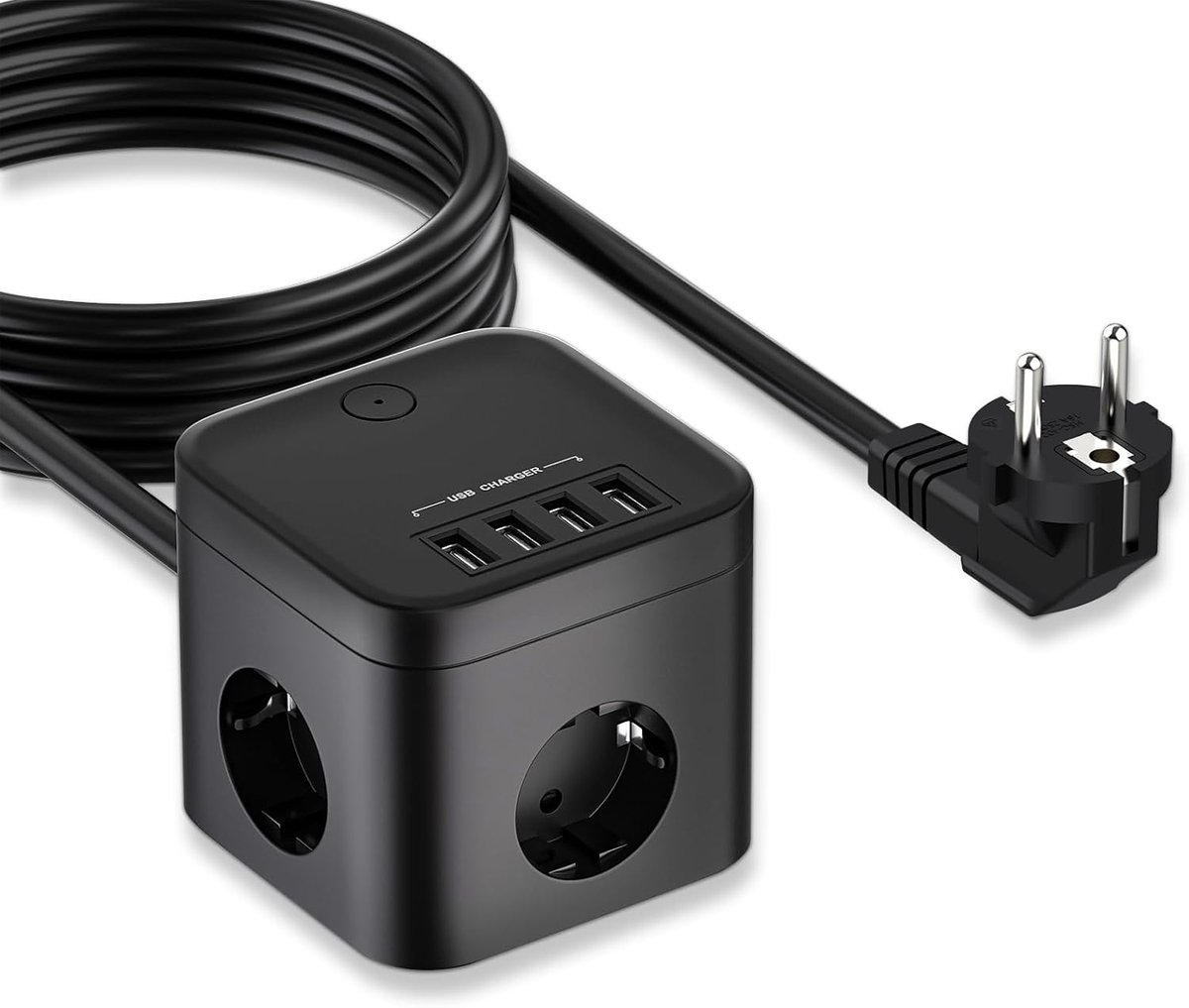Stekkerkubus 3-voudig met 4 USB - 2 meter kabel - met schakelaar - ideaal voor thuis en op kantoor - SnelShoppen