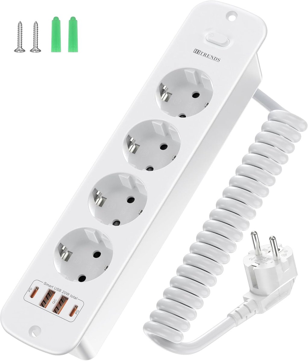 Inschuifbaar stopcontact 4-voudig - met USB-A en USB-C - met schakelaar - ideaal voor kantoor - SnelShoppen