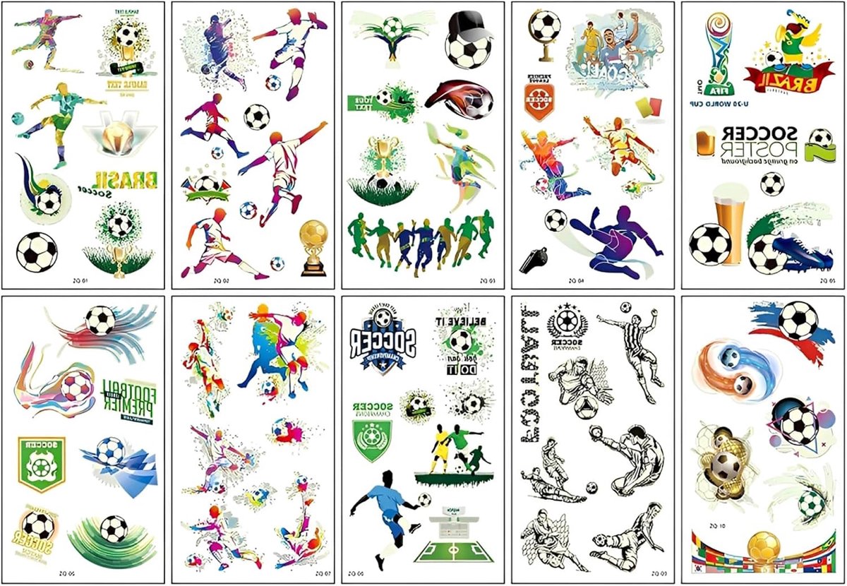 Lichtgevende Tatoeages - Tijdelijke Huidkunst - Feestversiering Kinderen - Licht Op In Donker - 10 Vellen - Voetbal Thema