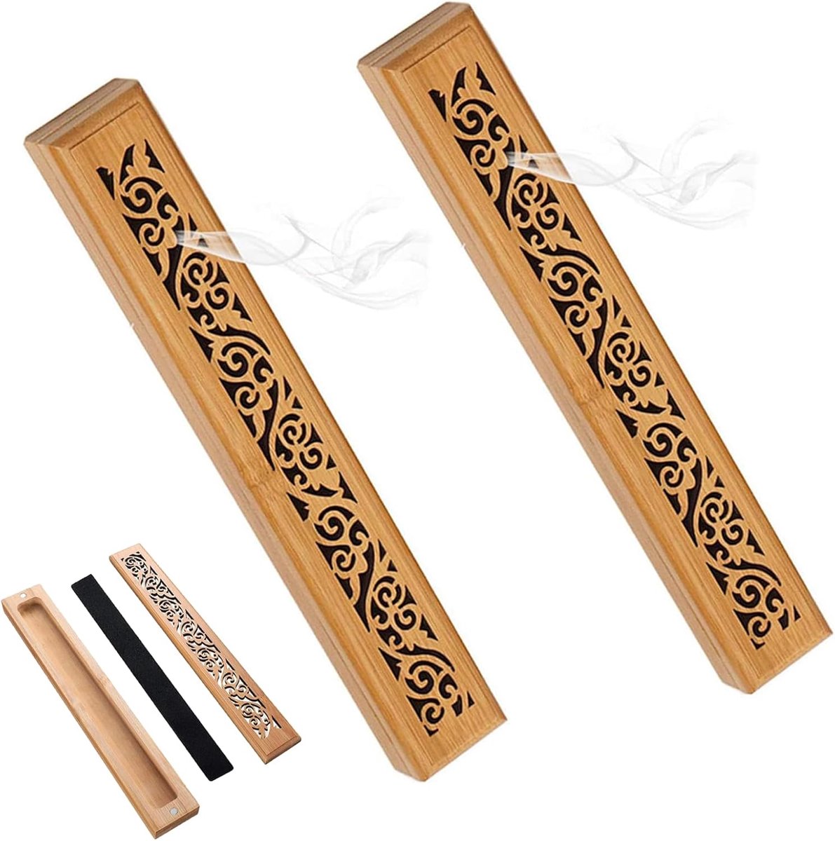 Houten wierookdoos 2 stuks - bamboe wierookhouder - fijn houtsnijwerk - perfect voor meditatie - SnelShoppen