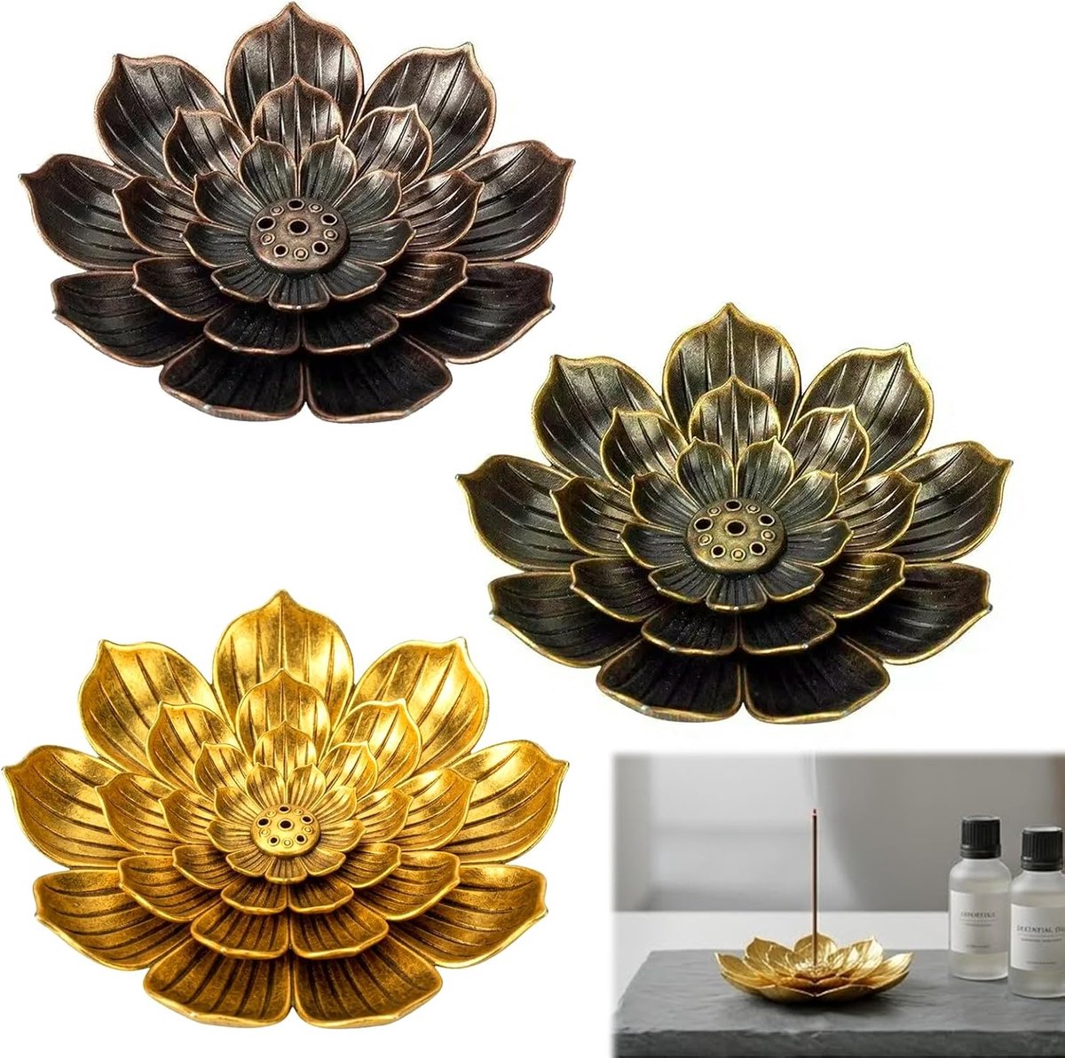 Wierookstokjeshouder 3 stuks - metalen lotus design - 6 gaten - voor meditatie en yoga - SnelShoppen