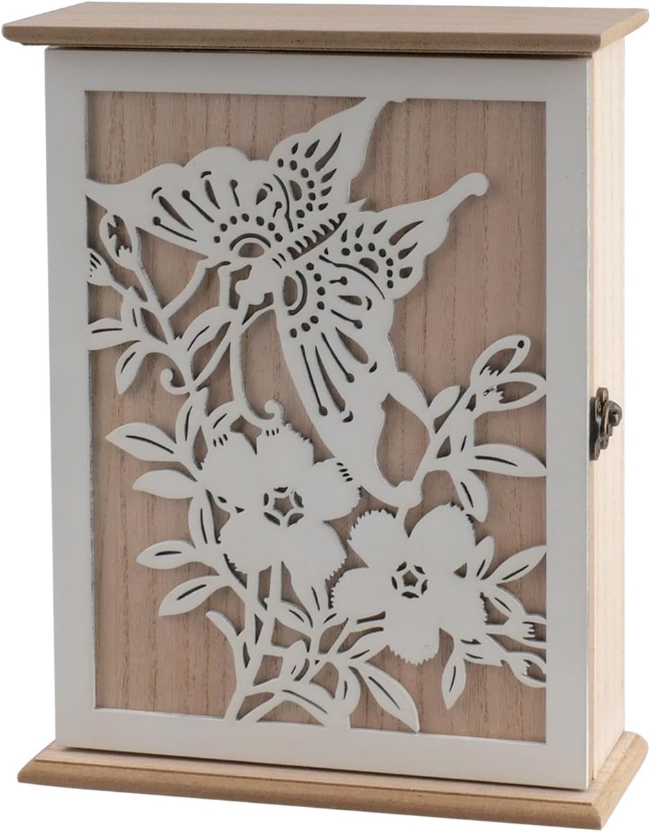 Houten sleutelkluis met bloemen en vlinders - vintage wit - 6 haakjes - decoratief voor entree of kantoor - SnelShoppen