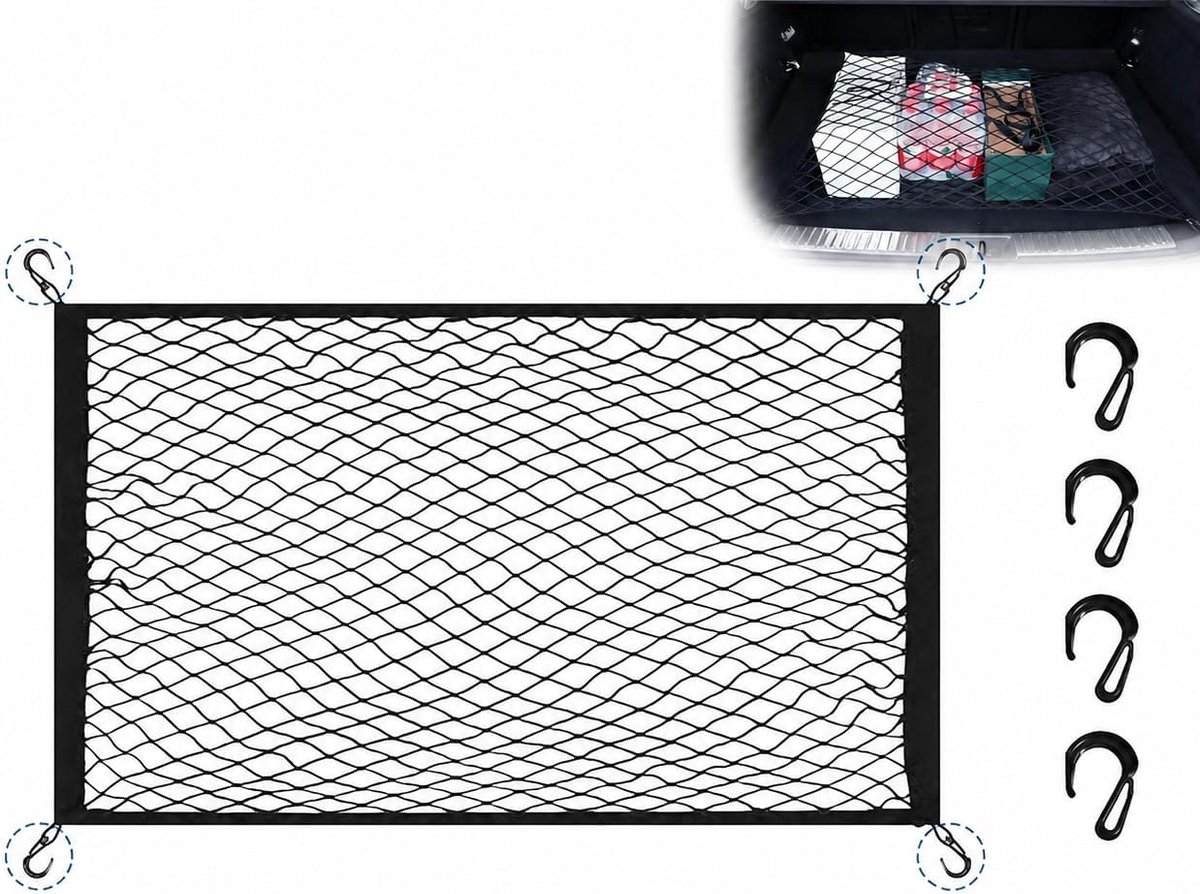 Bagagenet auto 60x40 cm - sterk elastisch scheidingsnet - 4 haken - veilige ladingzekering - SnelShoppen