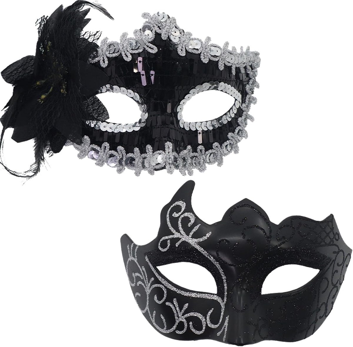 Maskerade masker set 2 stuks - zilveren Venetiaanse maskers - voor mannen en vrouwen - perfect voor carnaval - SnelShoppen