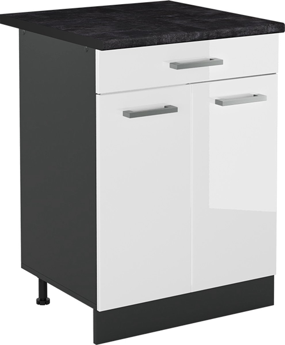 Vicco Keukenonderkast R-Line, Wit Hoogglans/Antraciet, 60 cm met lade antraciet werkblad