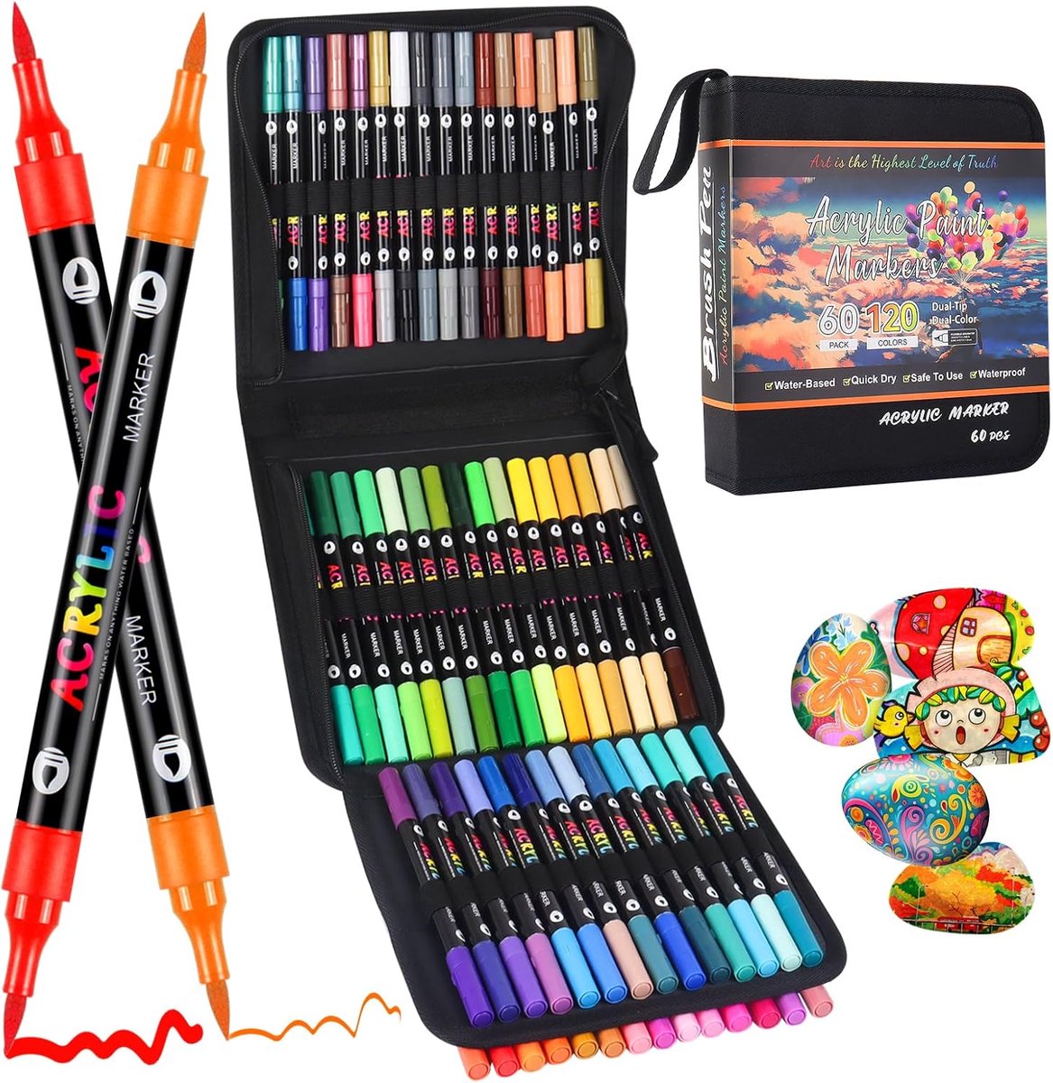 Acrylverf markers set 60 stuks - Dubbele kwastpunt 1-5mm - 120 kleuren voor creatief gebruik - ShopVlot