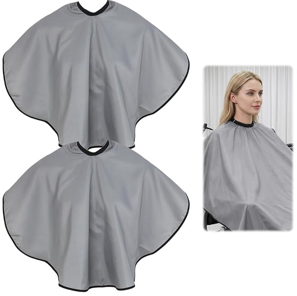 Twee korte kapperscapes, korte unisex kapperscapes, lichtgewicht make-upcapes, scheer- en knipcapes, make-overcapes Geschikt voor de salon, waterdichte kapperskleding, knippen en verven (grijs).