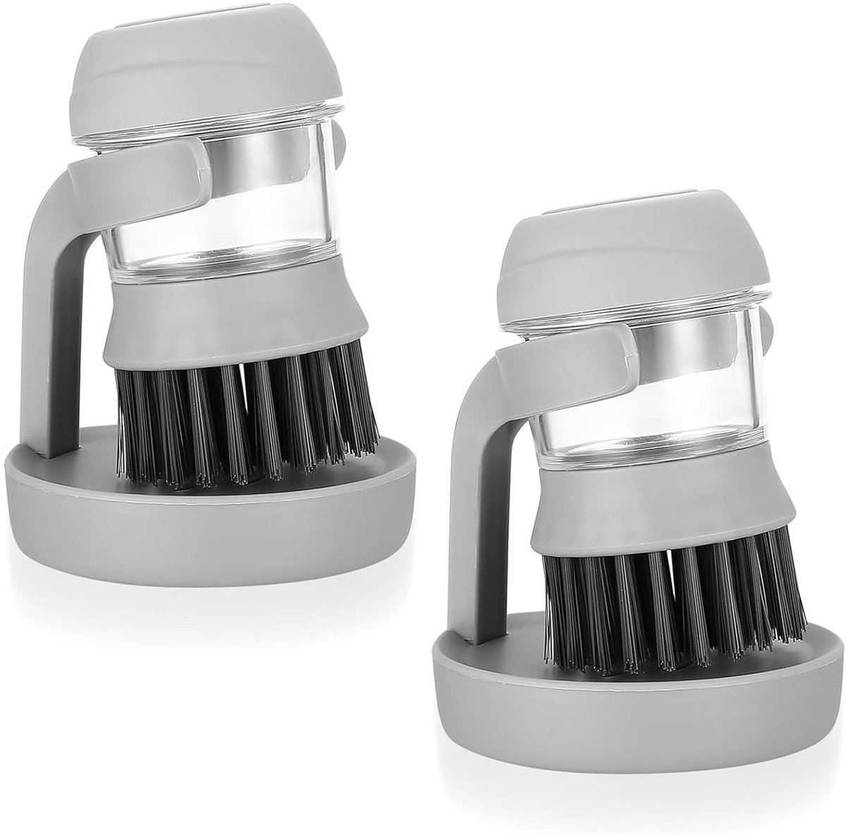 2-stuks Borstel - Afwasborstel - Keukenafwasborstel - Handzame afwasborstel - Met zeepreservoir - Met standaard - Met lekbak - Compact - 9 × 12 cm - Geschikt voor het schoonmaken van potten, pannen, gootstenen, enz - Grijs