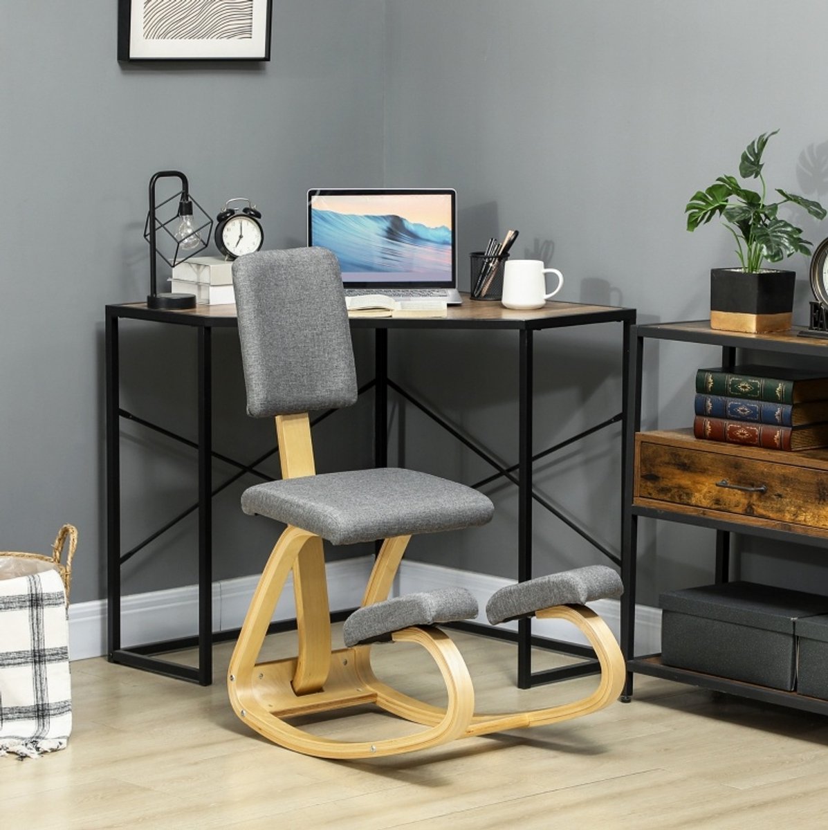 MODFU Kniestoel-Ergonomisch-Grijs-Hout-Stof-Zonder Armleuningen