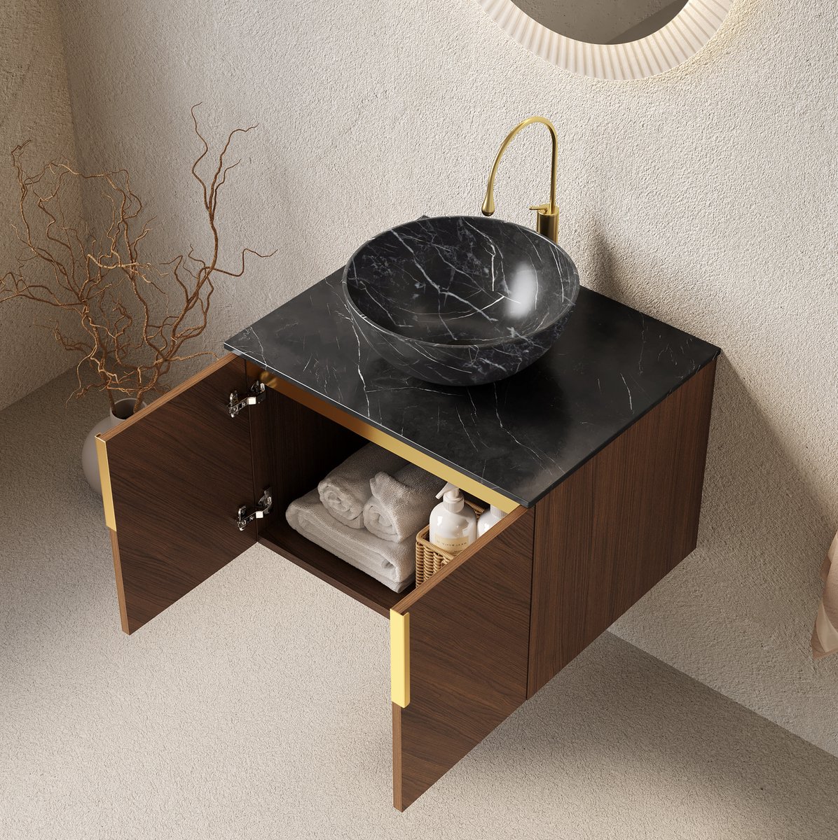 MODENUIT Badkamer Wastafelmeubel - Wandmodel Met Keramische Waskom - Zwart Sintersteen - 61 Cm - Bruin Eiken