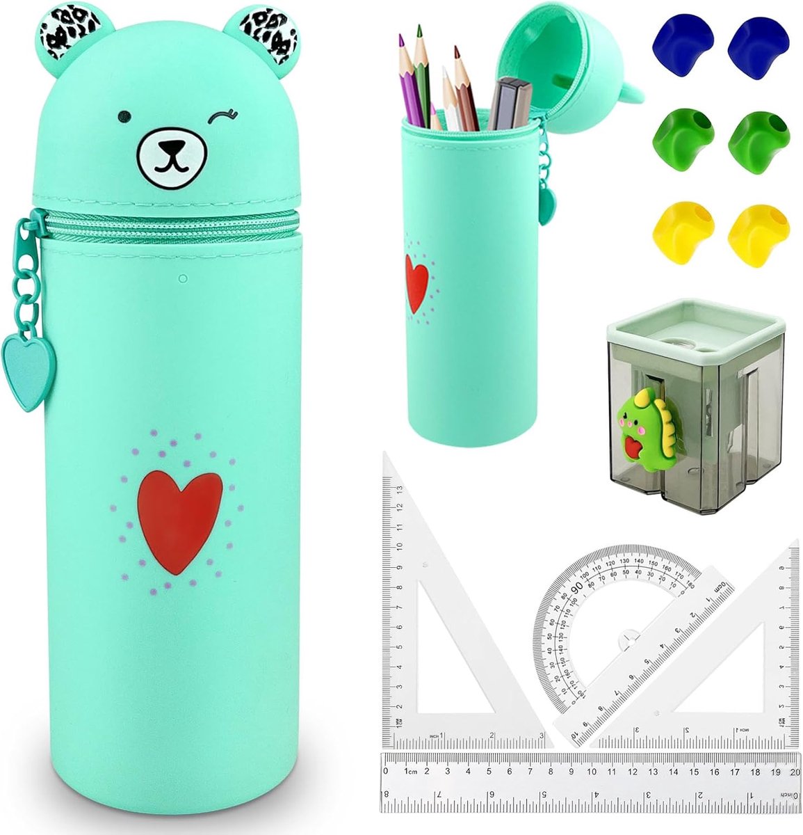 Pennenetui Kawaii Cartoon - Groene Siliconen Etui - Inclusief Slijper en Liniaal - Duurzaam en Waterproof - ShopVlot