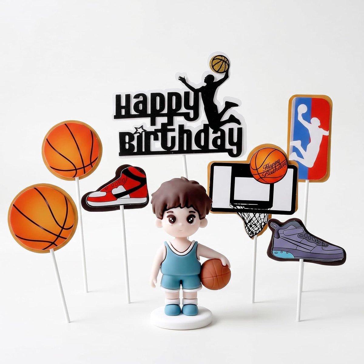 Taartdecoratie basketbal - 8-delige set - vrolijke verjaardag - thema voor sportliefhebbers - ShopVlot