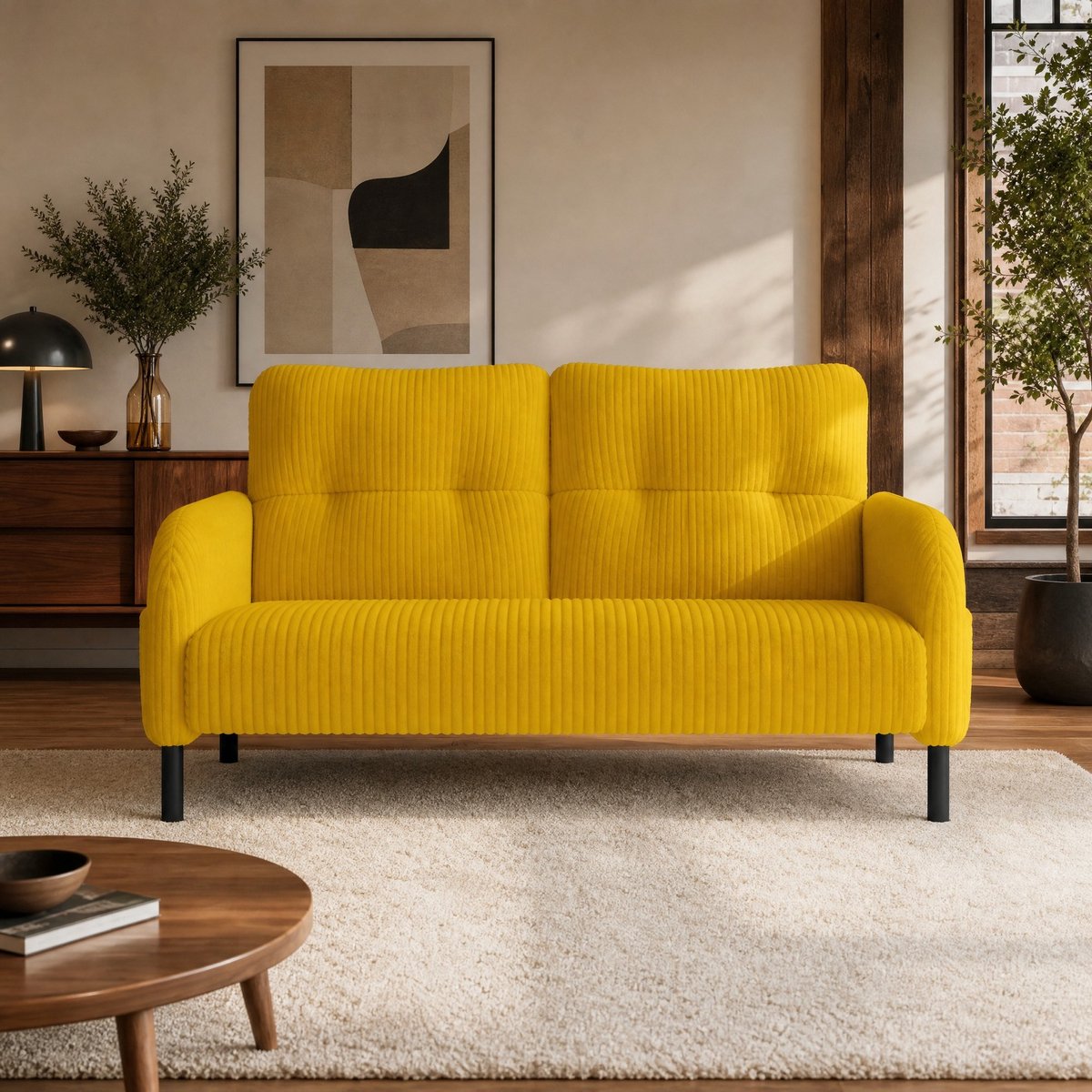MEUNIQ 2-zits bank van cord, 120 x 75 x 79 cm, met zijvak en metalen poten, voor woonkamer, slaapkamer of thuiswerkplek, geel