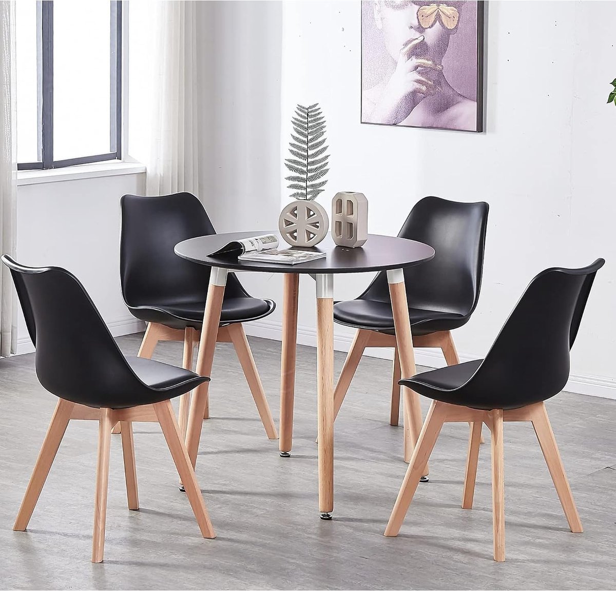 Eetkamer set 4 stoelen - Lorenzo stoel & Halo ronde tafel - modern zwart design - perfect voor elke moderne woning - ShopVlot